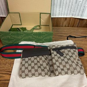 Auth Gucci GG Canvas Monogram Waist Belt Bum Bag Fanny Pack Sherry Brown…